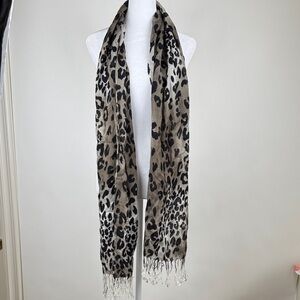 Leopard Spots 27” x 79” Long Scarf Fringe Black Taupe White